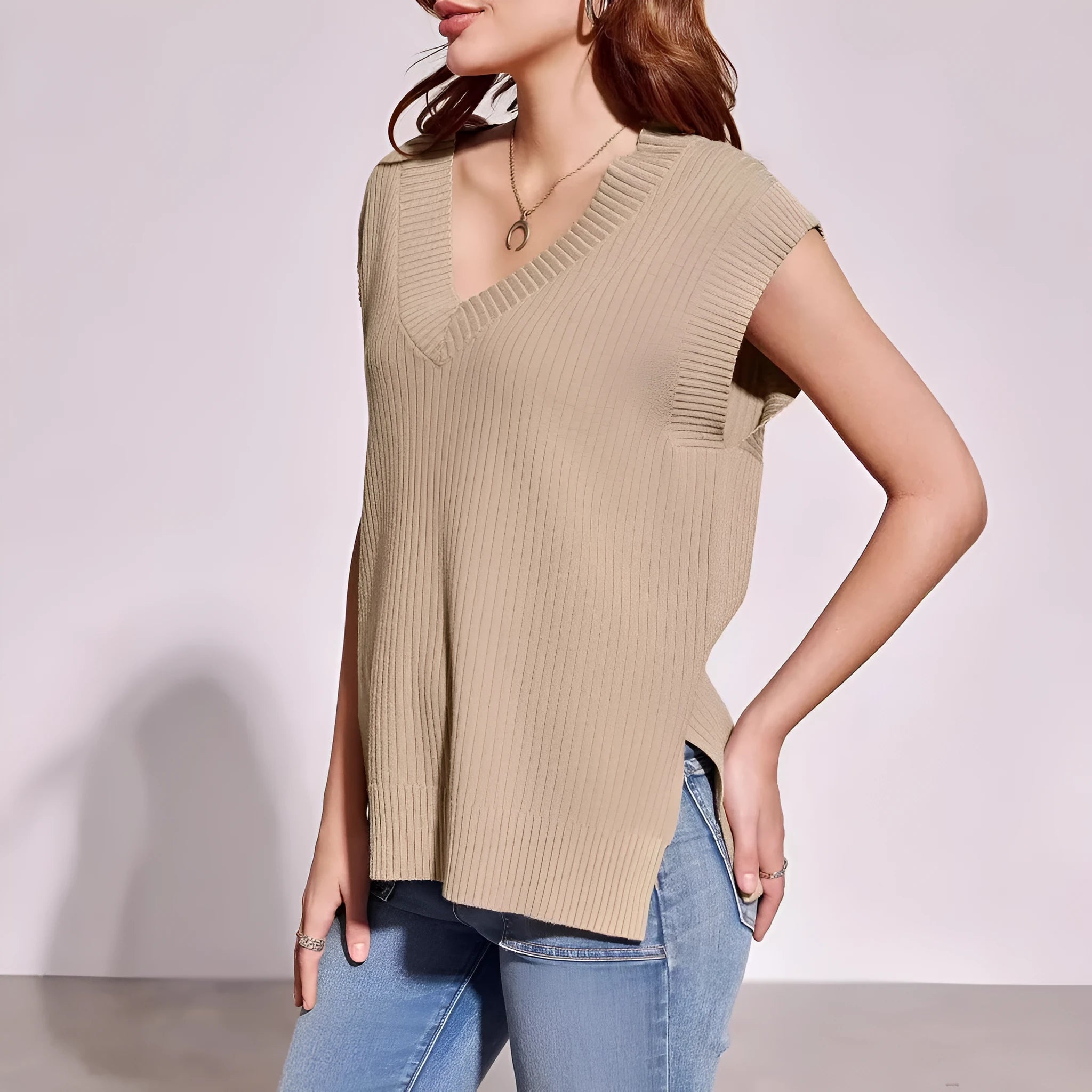 V-neck sleeveless loose pullover vest in camel colour with striped pattern