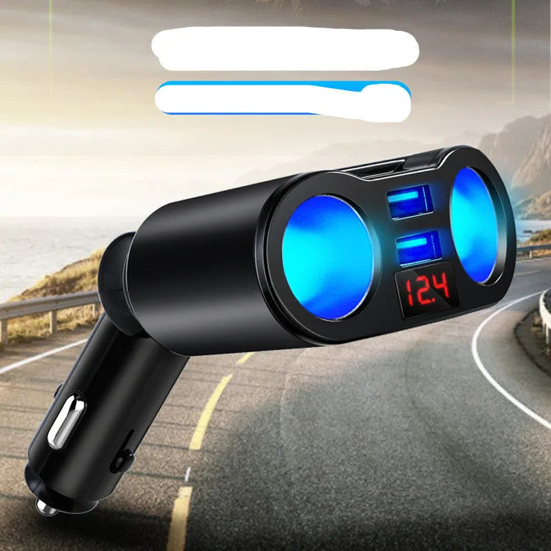 A black car Bluetooth FM transmitter and charger plugged into a vehicle's cigarette lighter socket.