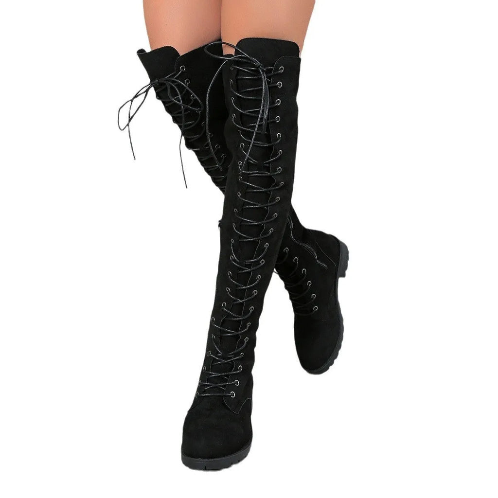 Women's black lace-up over the knee boots with round toe and stitching detail on a white background
