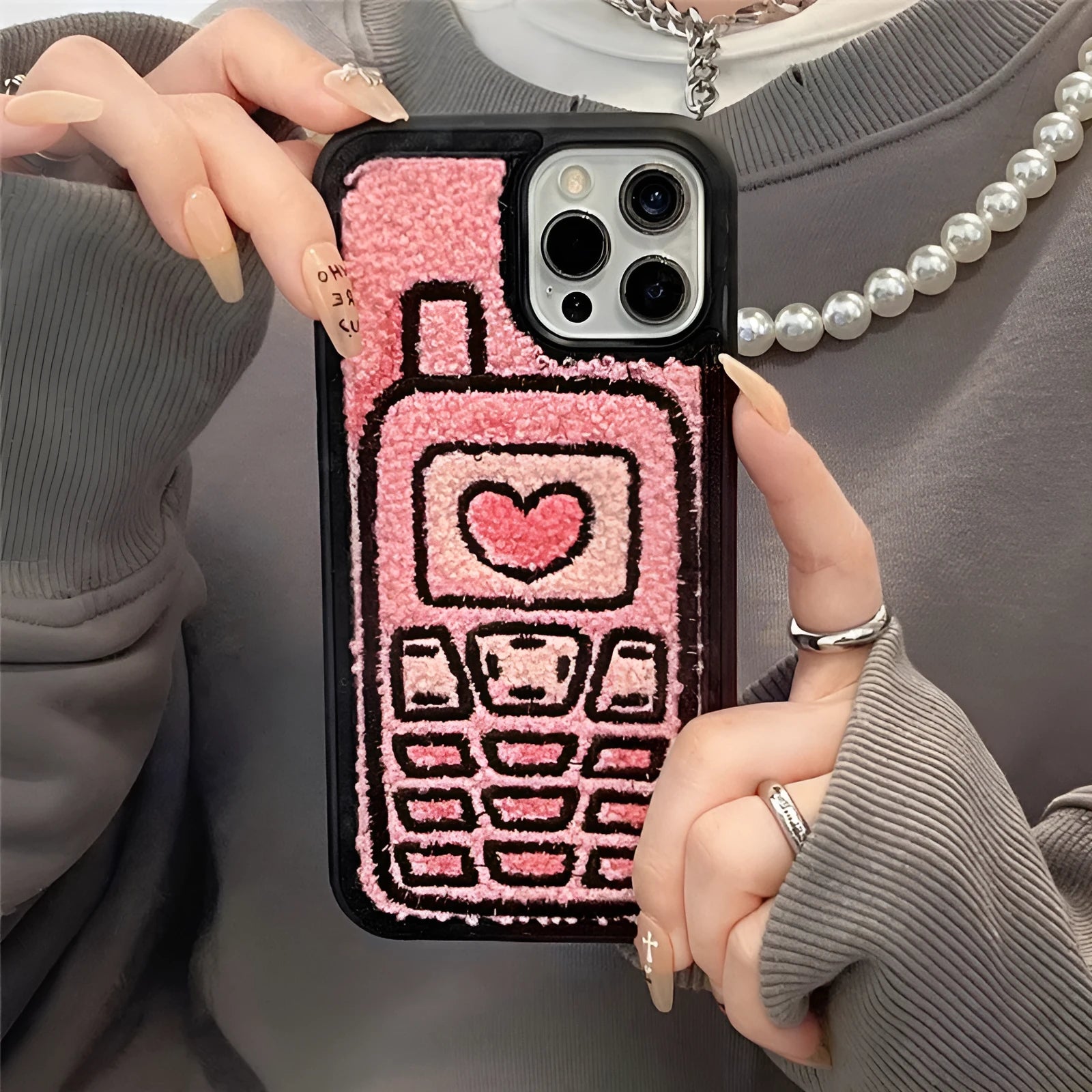 Pink towel embroidered TPU iPhone back cover with Japanese Korean style design