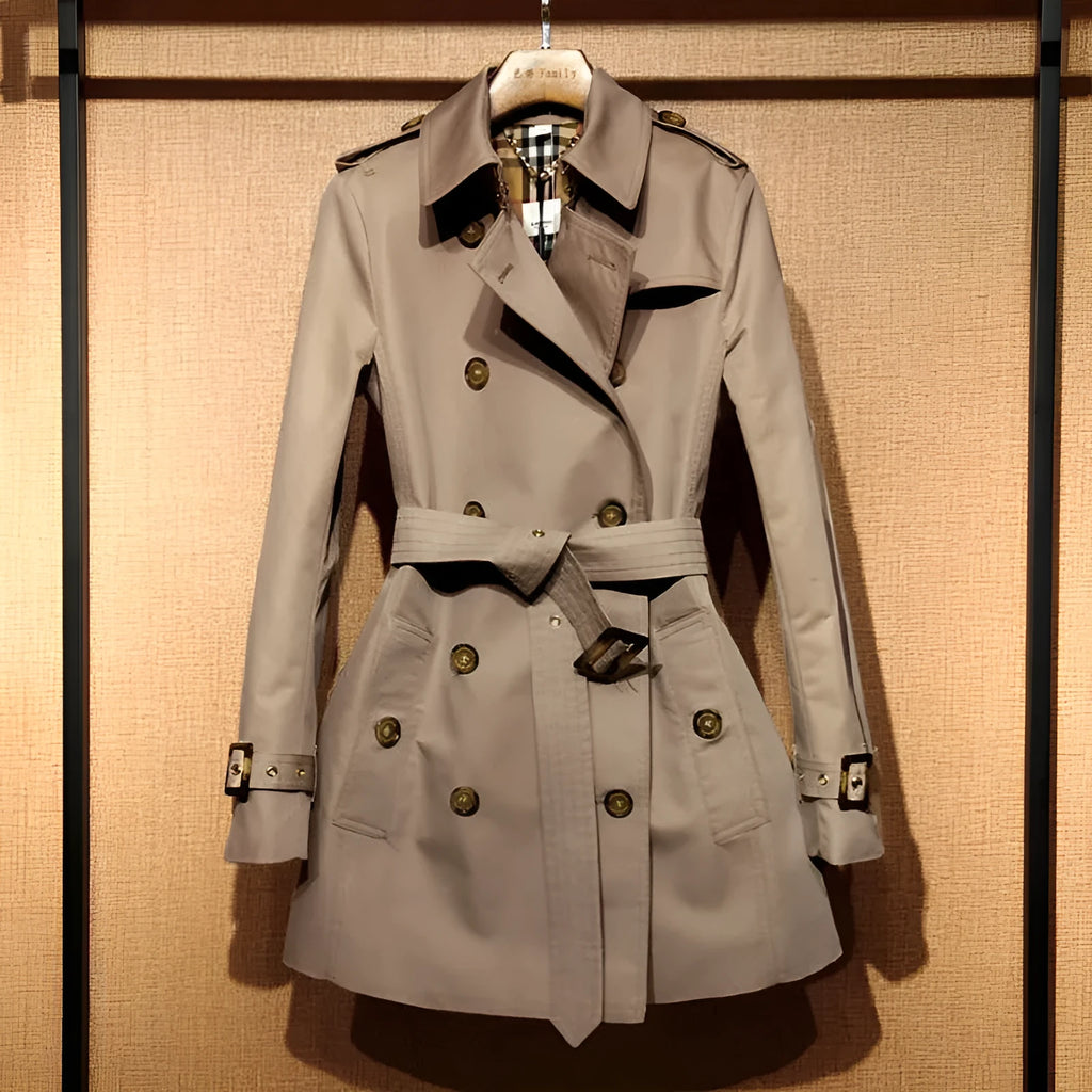 Khaki women's trench coat with double-breasted button front and distinctive flight sleeves