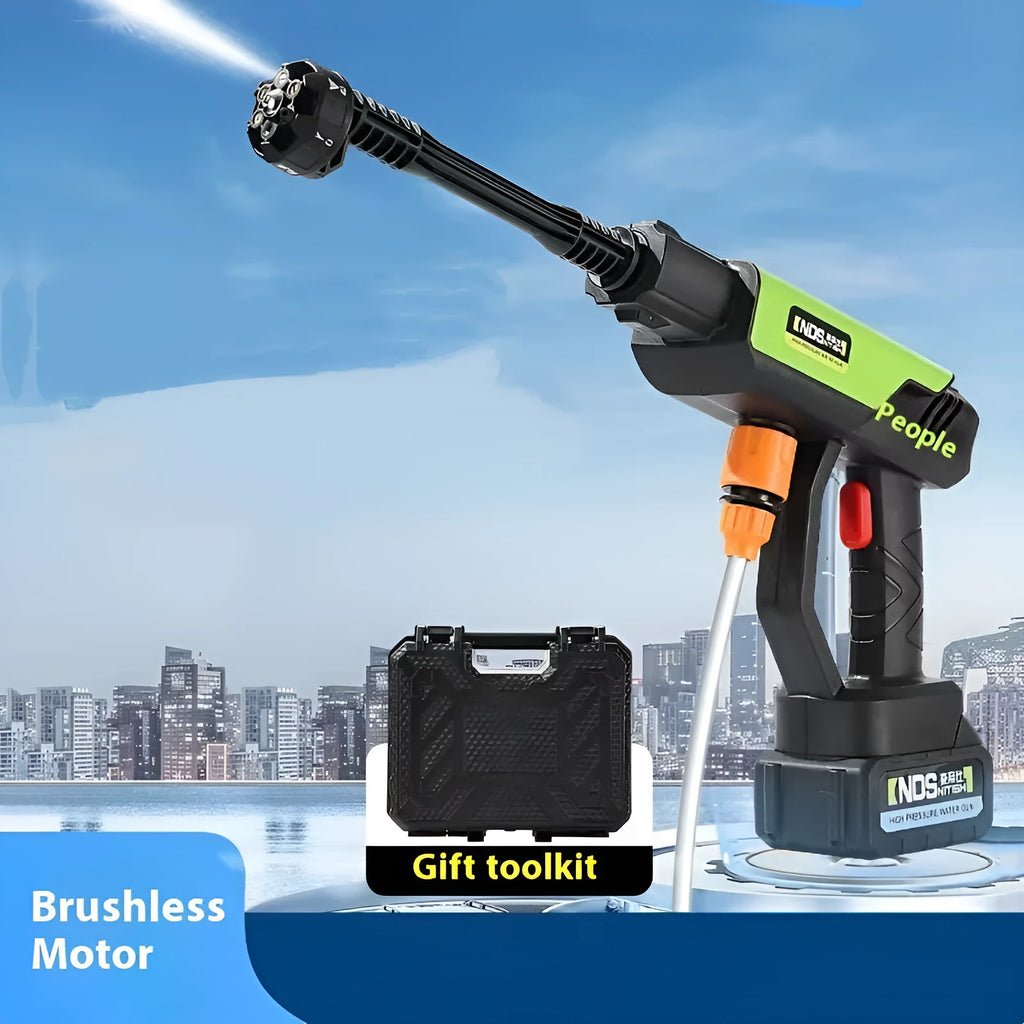 Green wireless high-pressure water gun with metal nozzle and extension accessories for mobile cleaning
