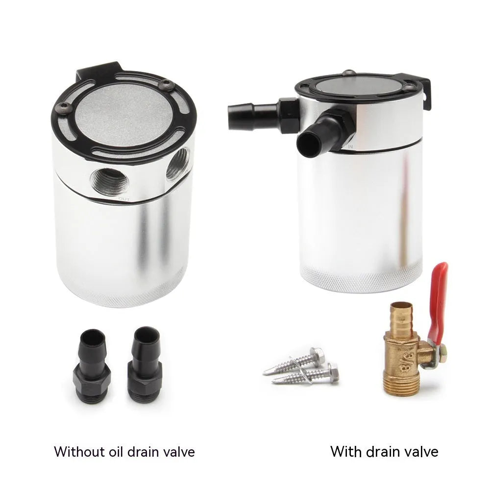 Aluminium automotive oil breather pot with two mounting holes in black and silver colour options
