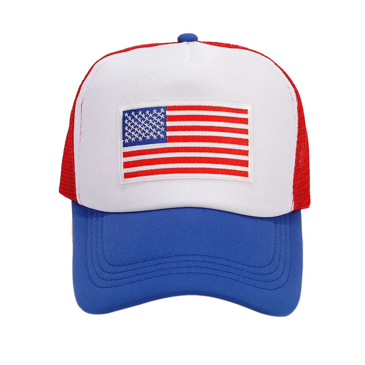 Red and blue contrast mesh baseball cap with adjustable closure and dome crown