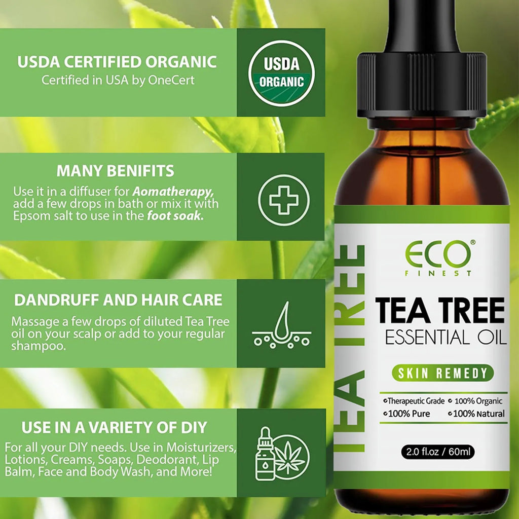 60ml bottle of Tea Tree Essential Oil for massage and acne fade treatment.