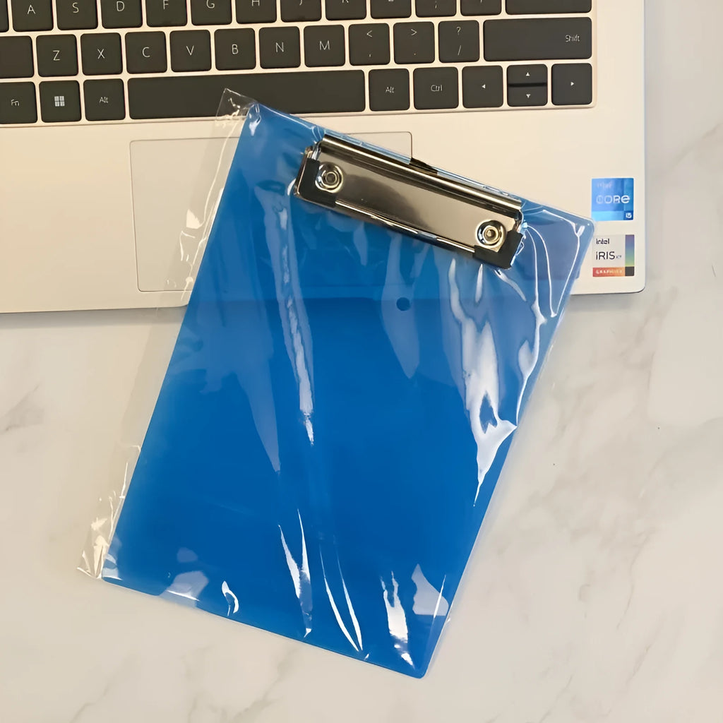 A4 transparent plastic writing board holder with metal clip in multiple colour options