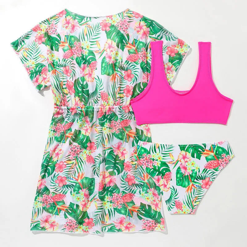 Girls' floral two-piece swimsuit set with matching overclothes in Korean style