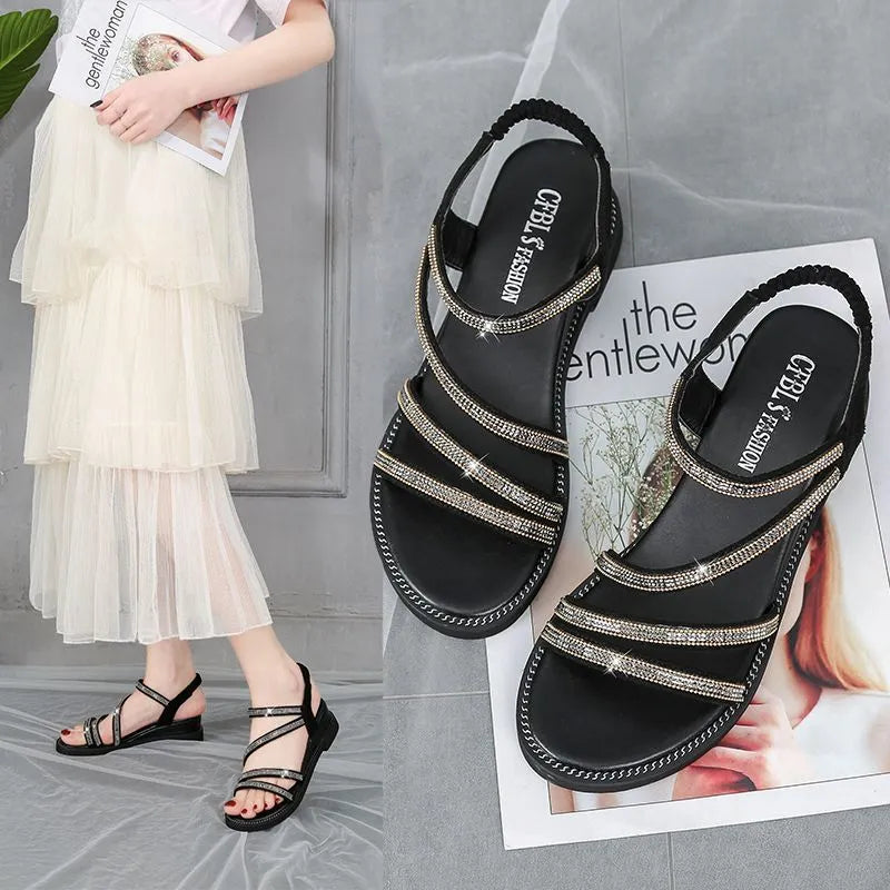 Women's Korean style flat sandals with rhinestone decoration and elastic band in silver colour