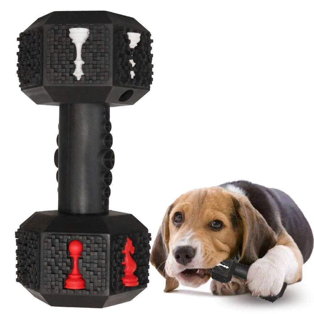 Blue hollow dumbbell-shaped dog chew toy with textured surface on a white background.
