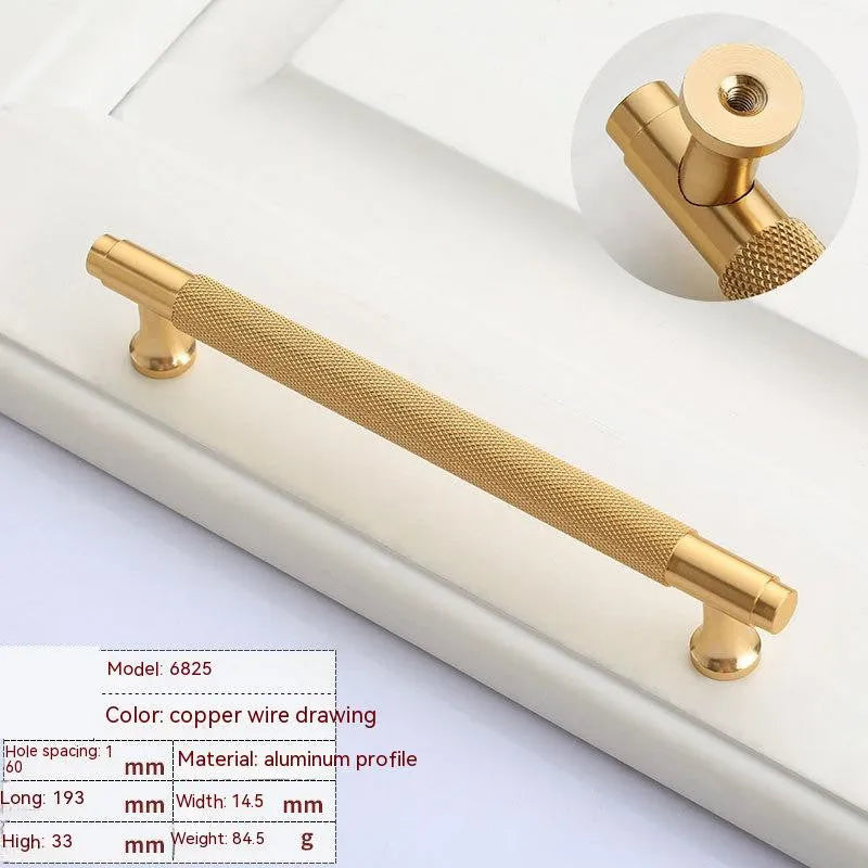 European style aluminium cabinet handle with brushed brass finish showing mounting holes