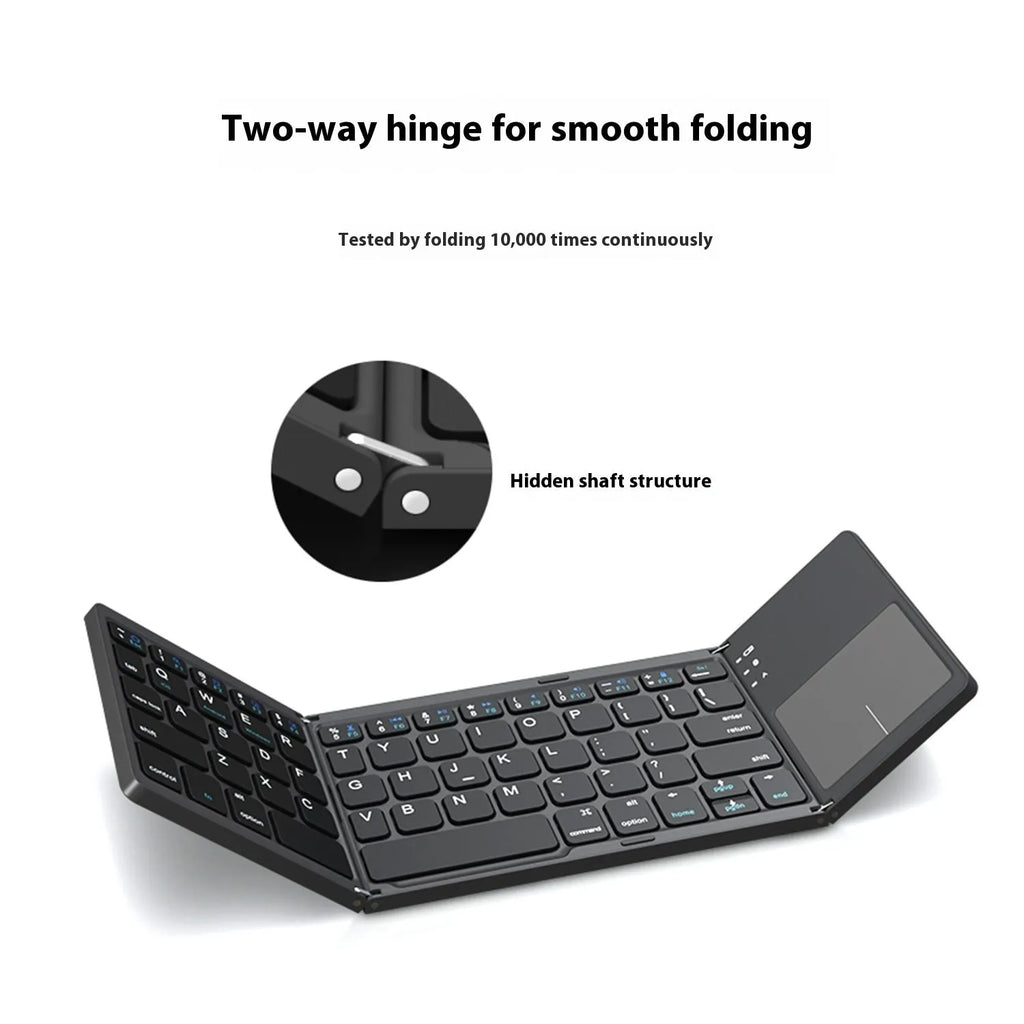 Black tri-fold Bluetooth keyboard shown unfolded with ultra-thin profile beside silver folded version