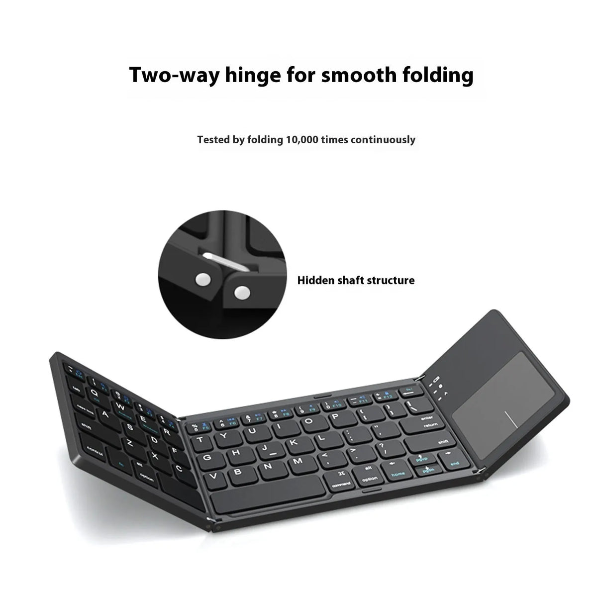 Black tri-fold Bluetooth keyboard shown unfolded with ultra-thin profile beside silver folded version