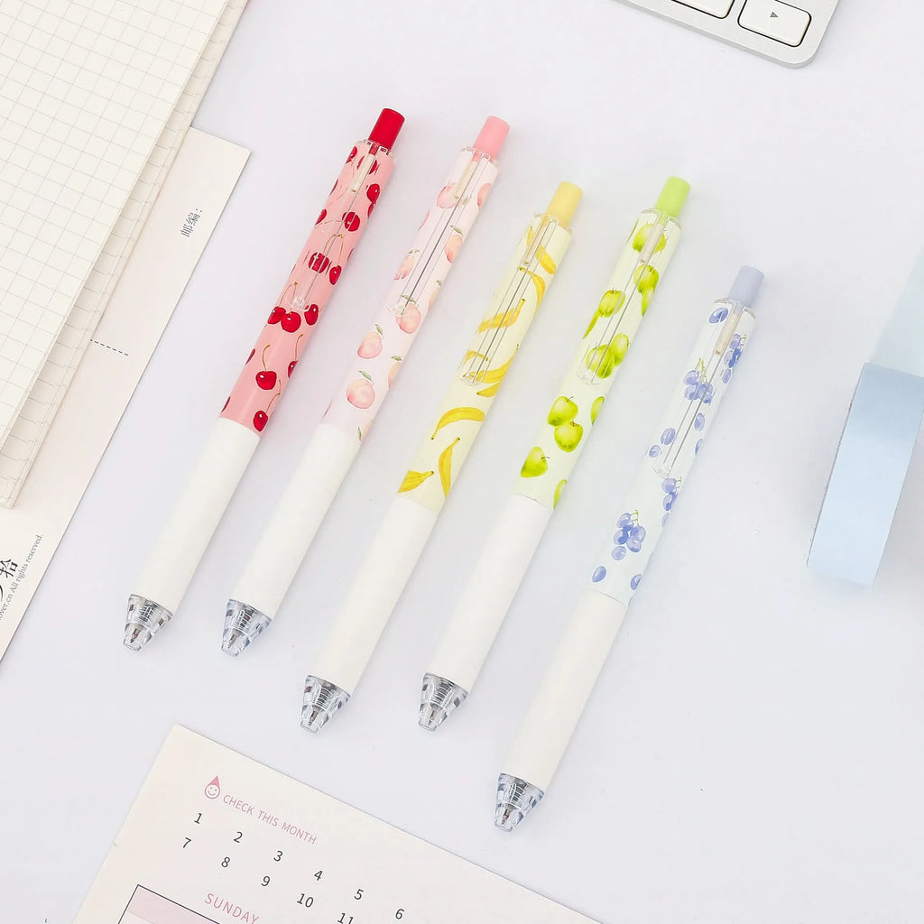 Three fruit scented press-action pens with 0.5mm quick-drying black ink refills