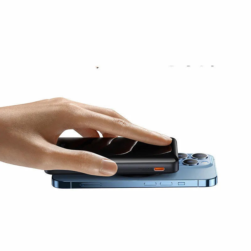 Blue slim magnetic wireless power bank showing dimensions 117.3x69.7x20.3mm with charging cable