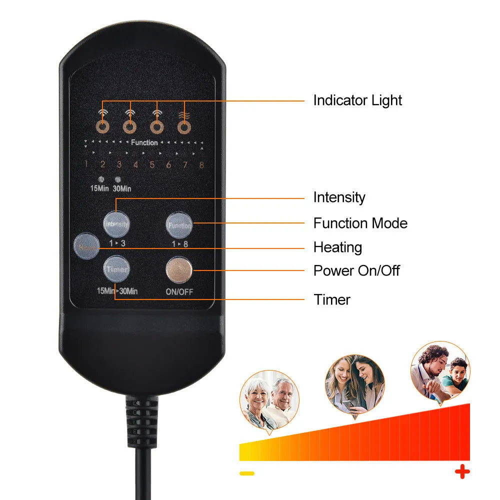 Black electric cervical massager with wireless remote control showing three speed settings and Bluetooth connectivity