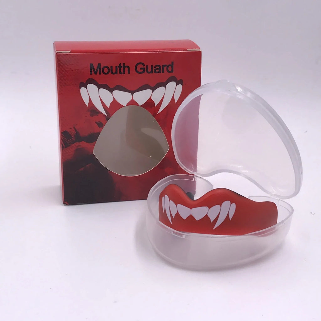 Adult boxing sports mouthguard with tooth socket free design in black, red, or blue with white teeth print.