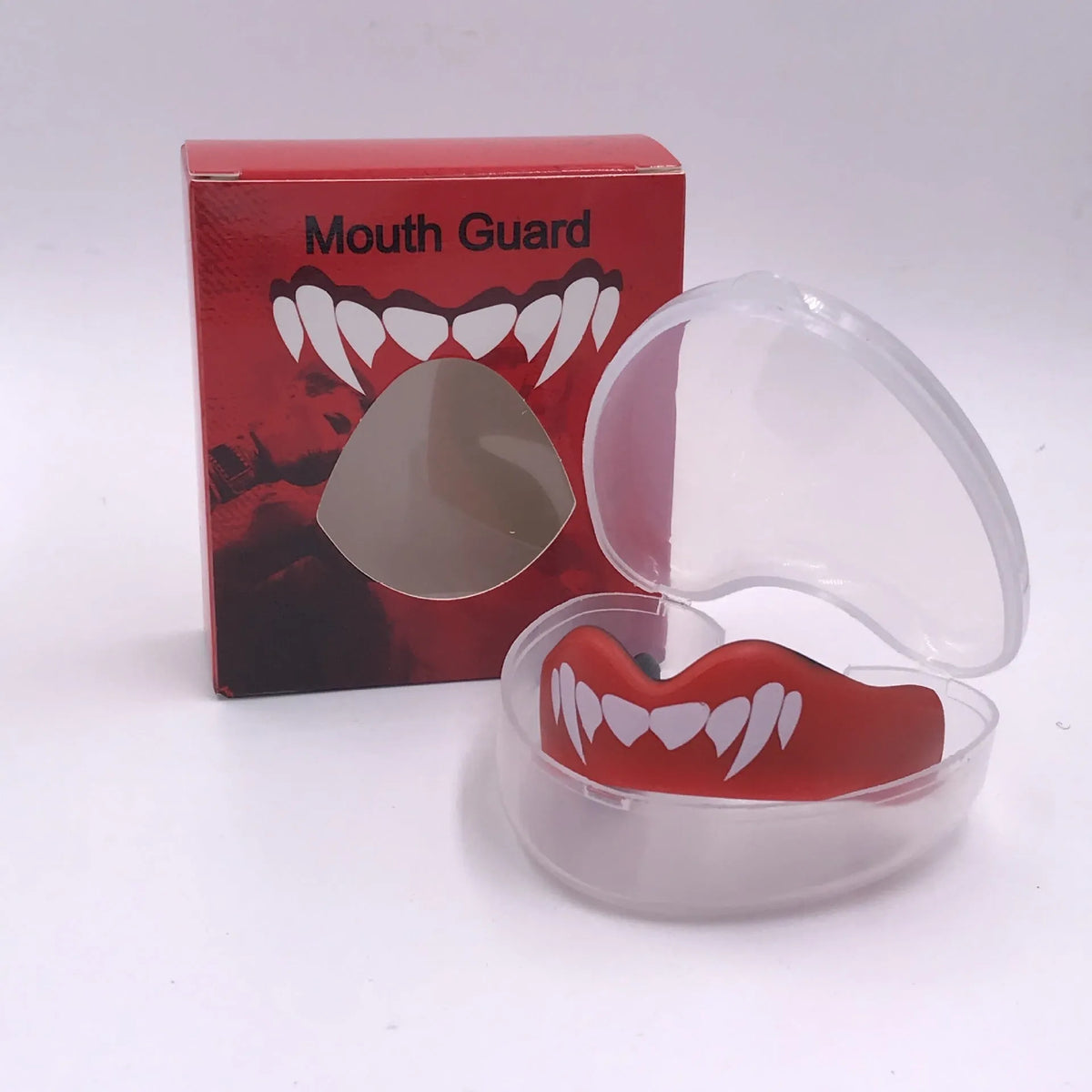 Adult boxing sports mouthguard with tooth socket free design in black, red, or blue with white teeth print.