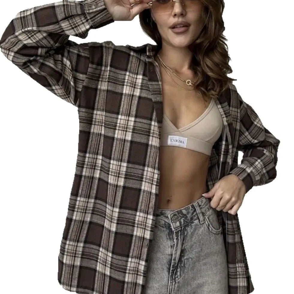 Women's dark brown retro stripe shirt with collaged stitching and long sleeves