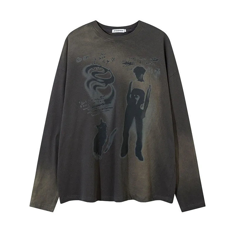 Women's long sleeve cotton pullover top with loose fit and drop-shoulder sleeves in dark grey or pink