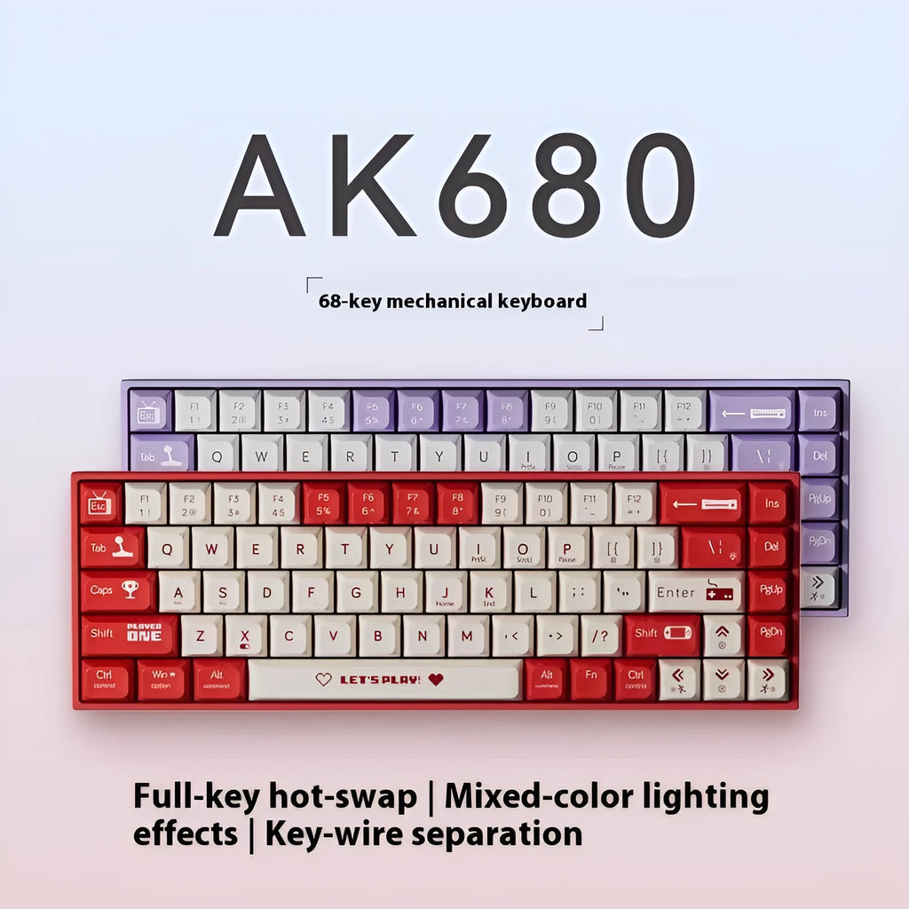 Ajazz AK680 red and white mixed colour hot-swappable mechanical gaming keyboard on a desk