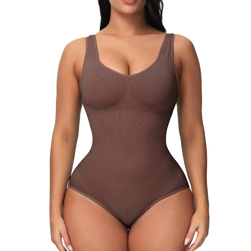 Green seamless women's nylon bodysuit shapewear on a hanger