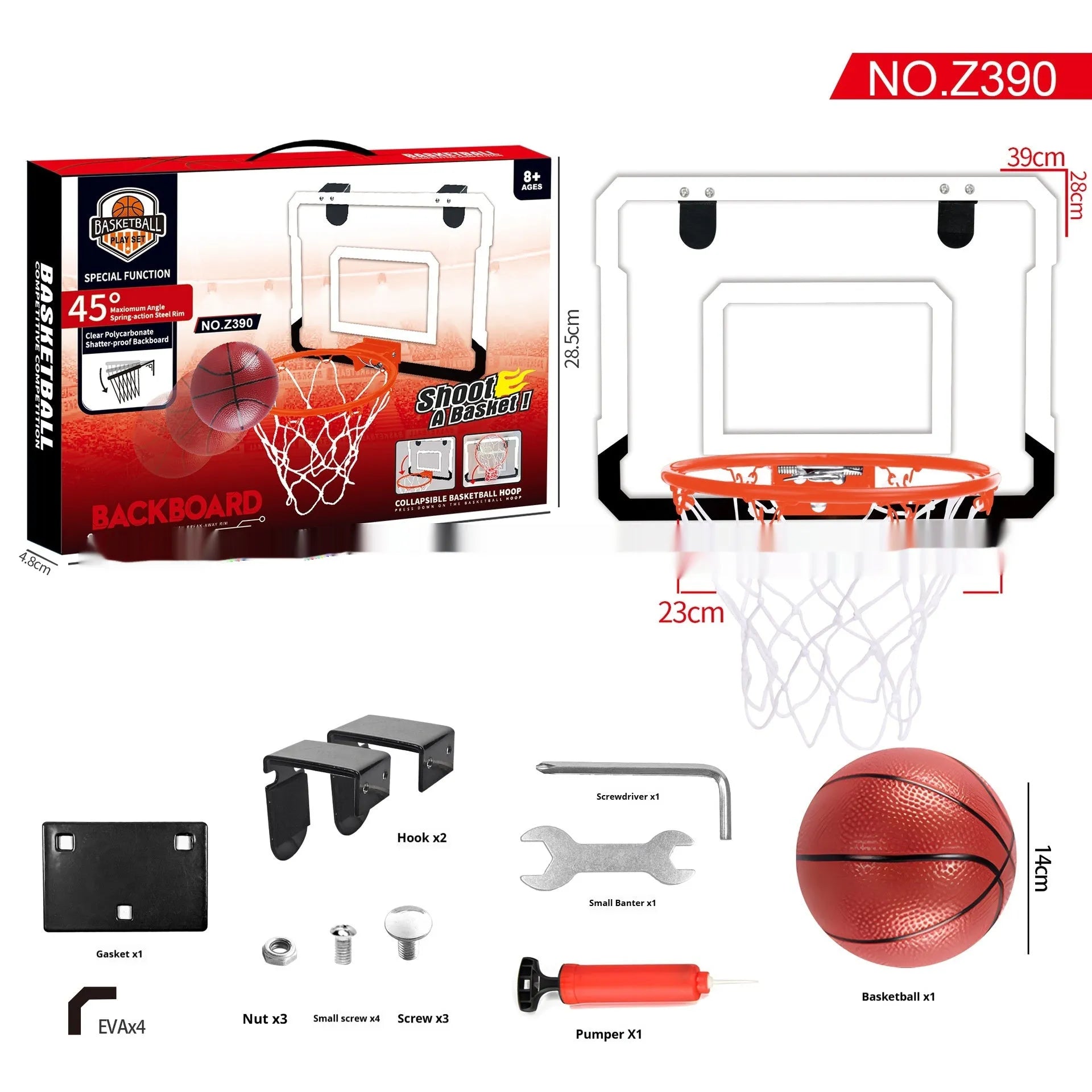 Red folding basketball frame with suction cups mounted on wall showing 400x300mm panels