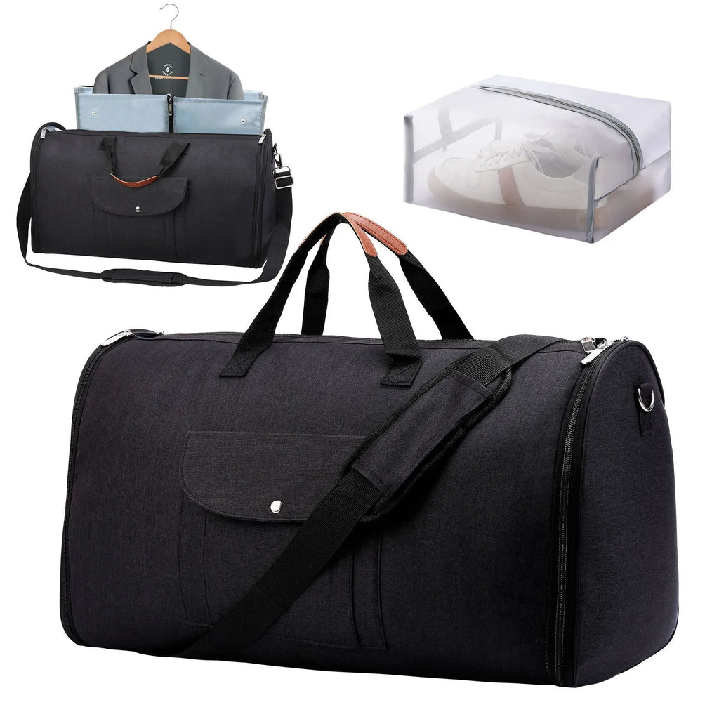 Dark blue foldable Oxford cloth duffel bag with 36-55L capacity for travel and gym use.
