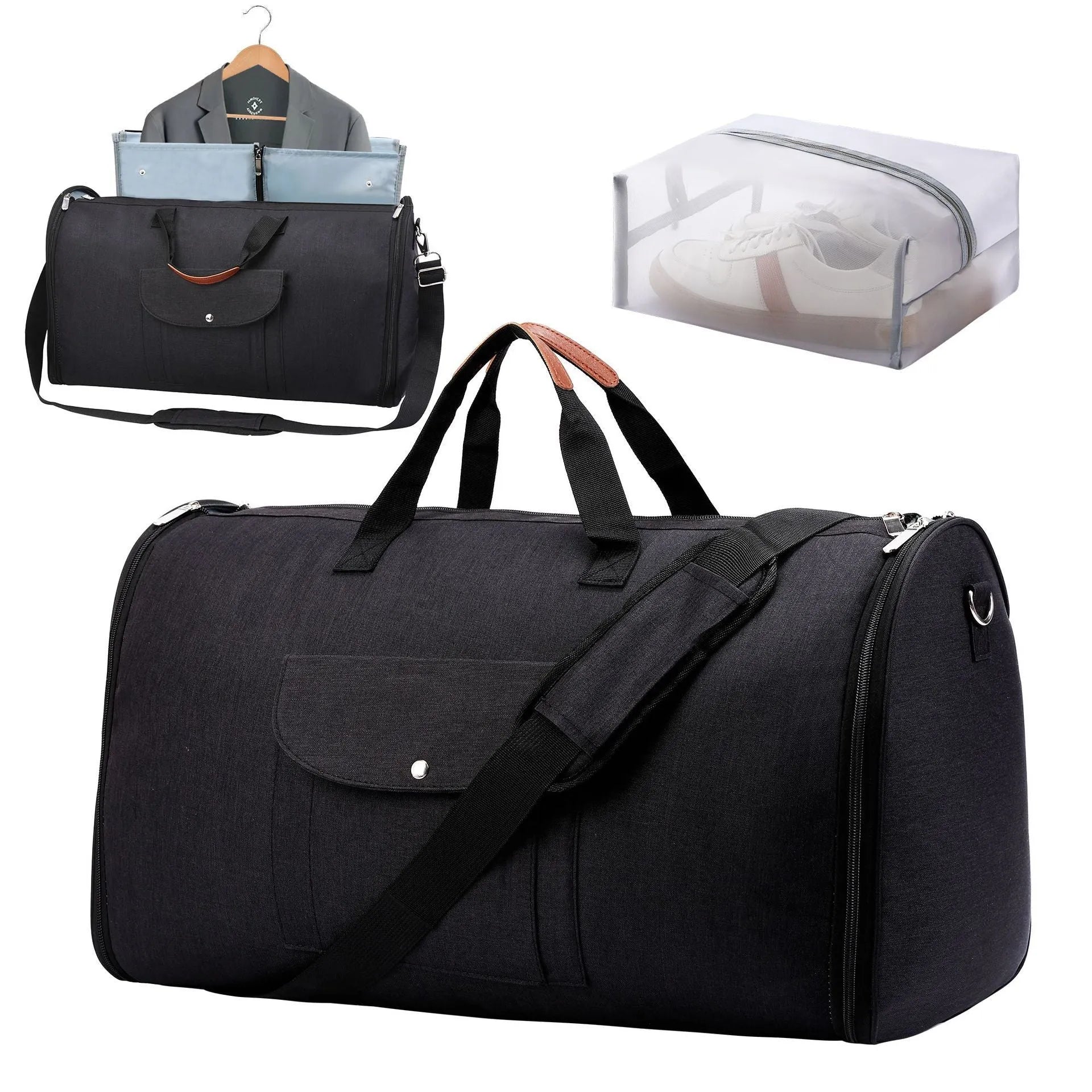 Dark blue foldable Oxford cloth duffel bag with 36-55L capacity for travel and gym use.