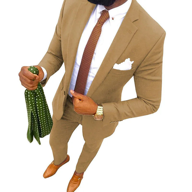 Men's purple cotton banquet suit jacket and trousers on a hanger, showing the two-piece formal set.