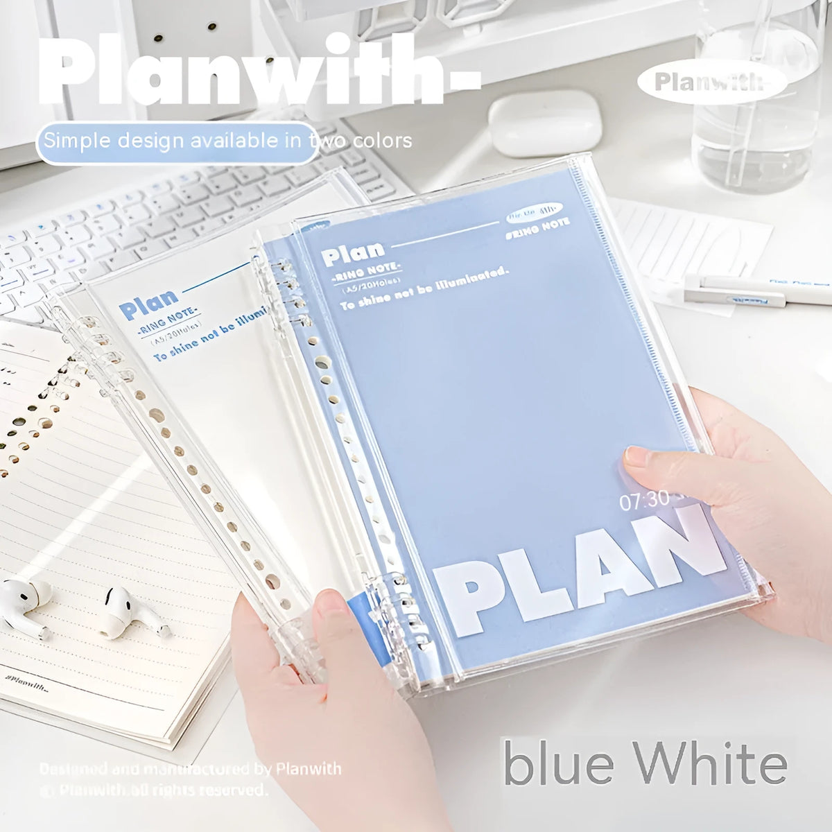 A5 PVC notebook storage organiser in blue colour showing dimensions of 148mm by 210mm