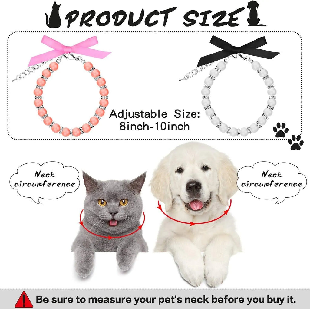 Small dog wearing an adjustable blue pearl and rhinestone necklace with a ribbon bow on a soft ribbon.