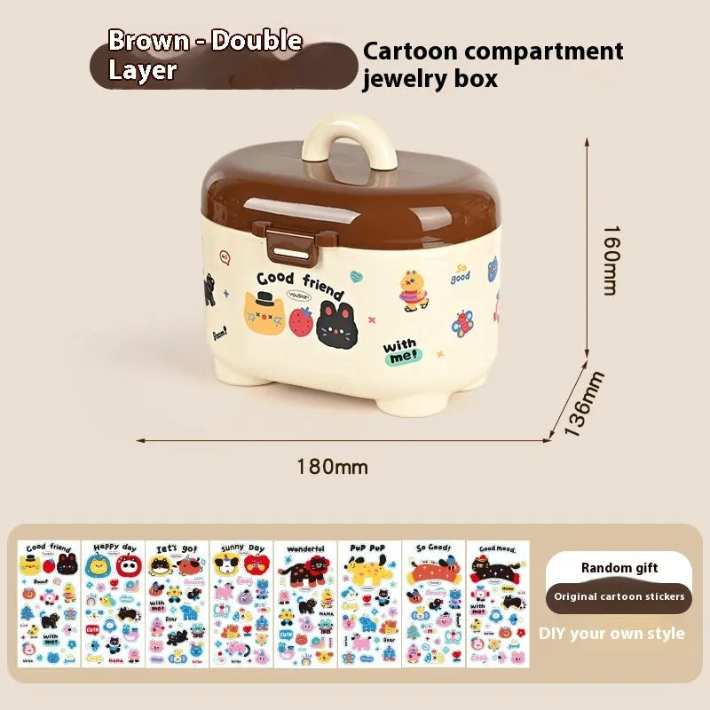 Plastic desktop storage box with cartoon stickers showing 2L capacity for stationery organisation