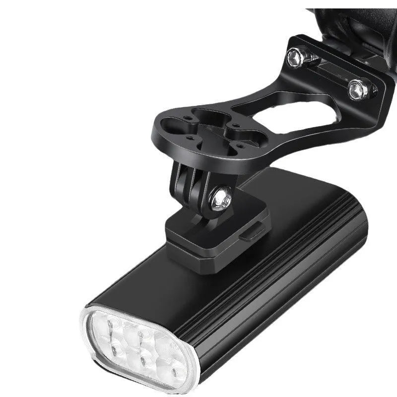 Silver aluminium alloy bicycle headlight showing USB Type-C charging port and six XPT lamp beads.