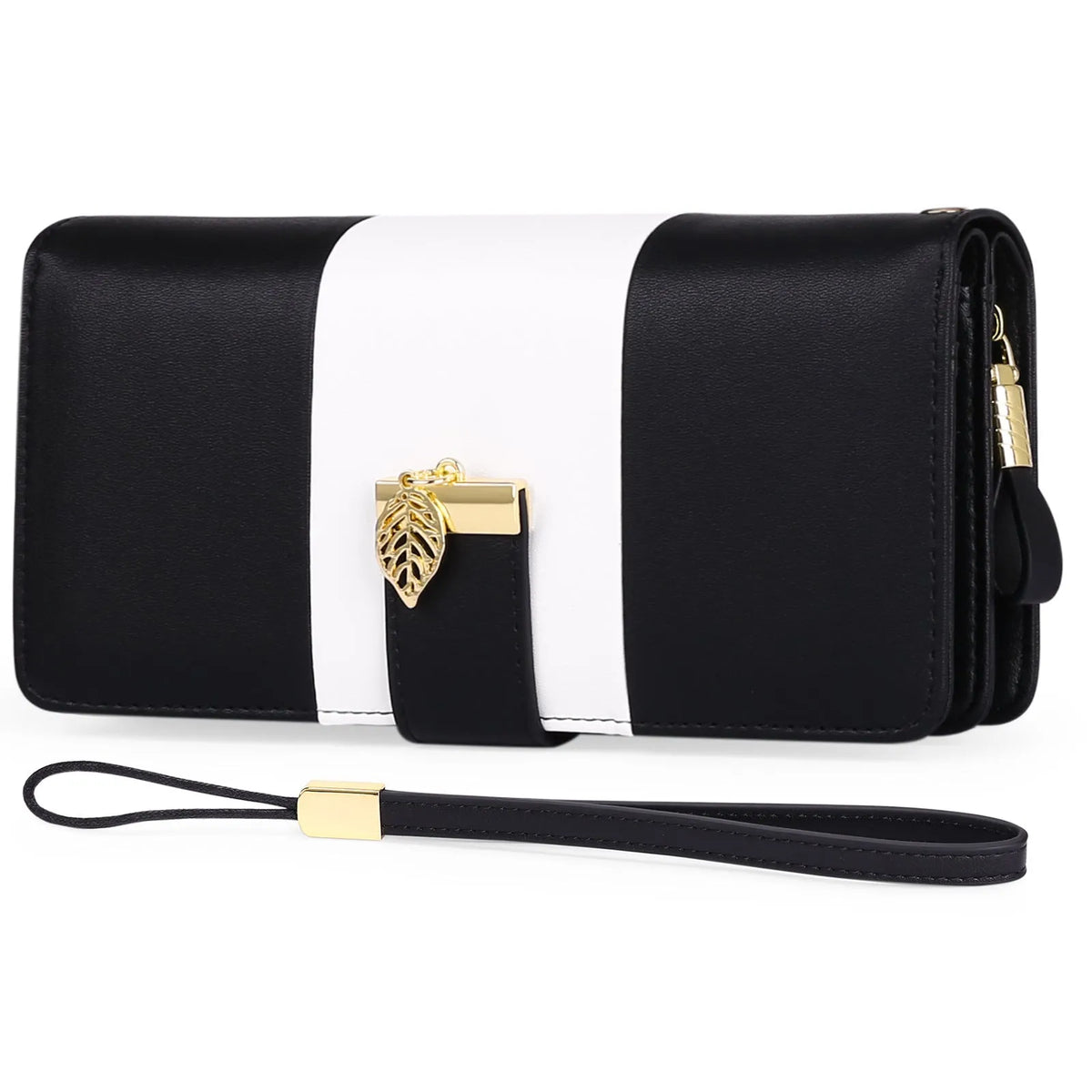RFID protected anti-theft clutch handbag in PU leather with lock, shown in midnight black colour