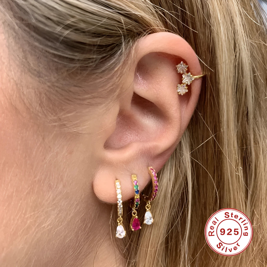 Sterling silver water drop earrings with geometric design and diamond stone options