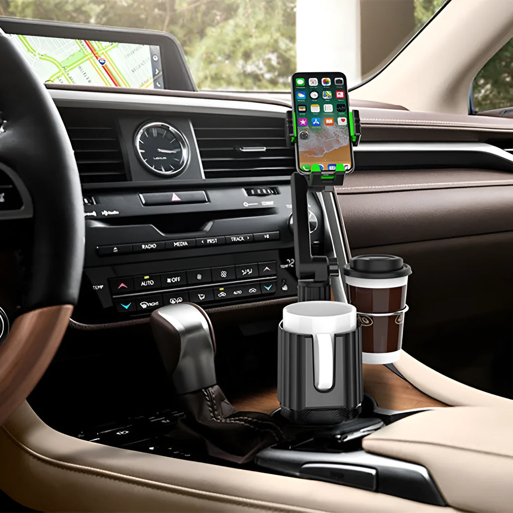 Green car drink rack holder with adjustable arms for cups, kettles and mobile phones