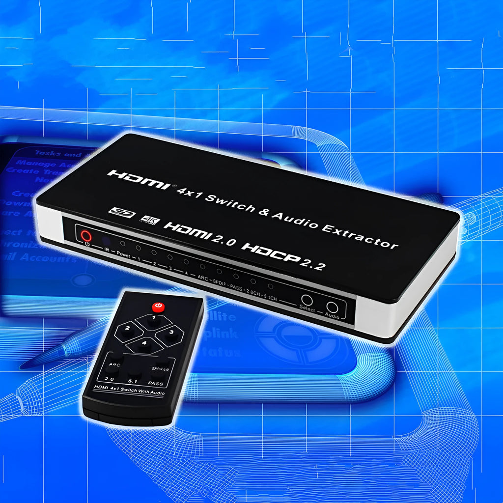 Black HDMI audio video switch unit with remote control and 10-metre cables for connecting four sources to one display.
