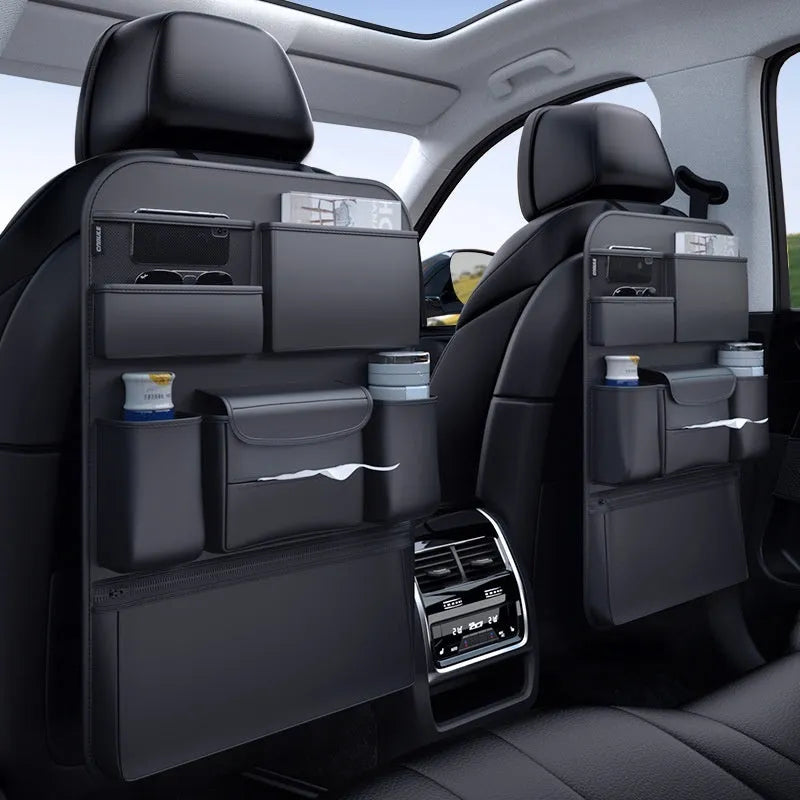 Black leather hanging storage bag for the back of a car seat