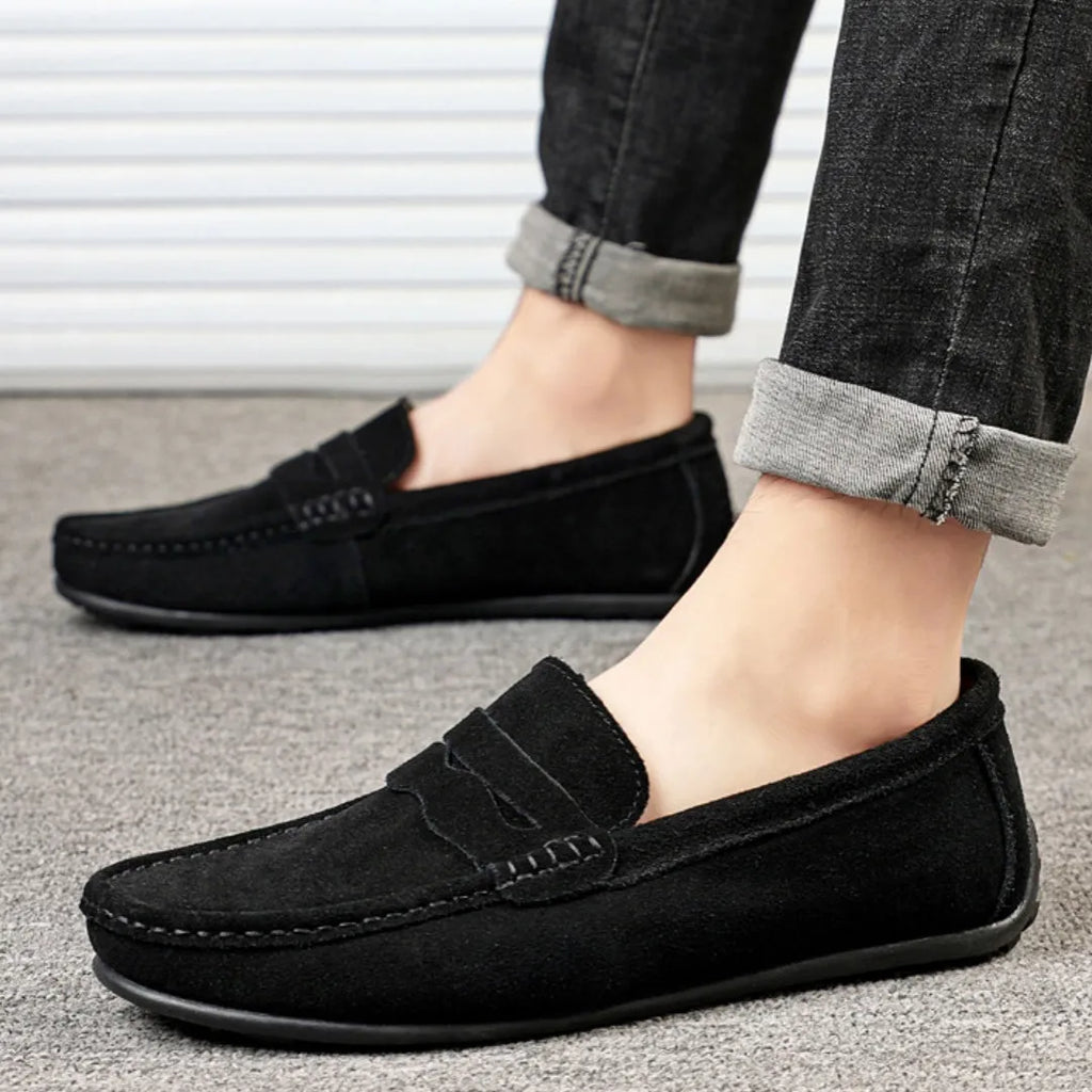 Men's suede loafers in multiple colours with slip-on design and round toe