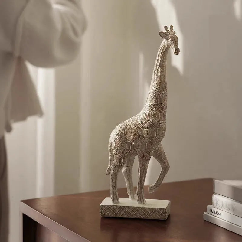 Wood colour European style giraffe resin ornament on a shelf for decorative display.