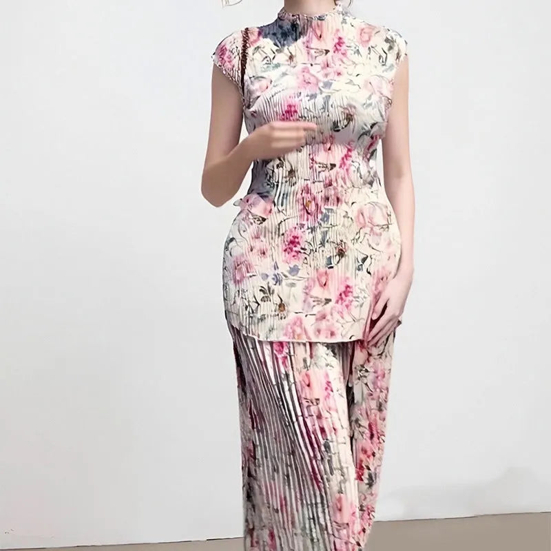 Women's long sleeve printed chiffon two-piece dress with floral pattern and high-waist skirt.