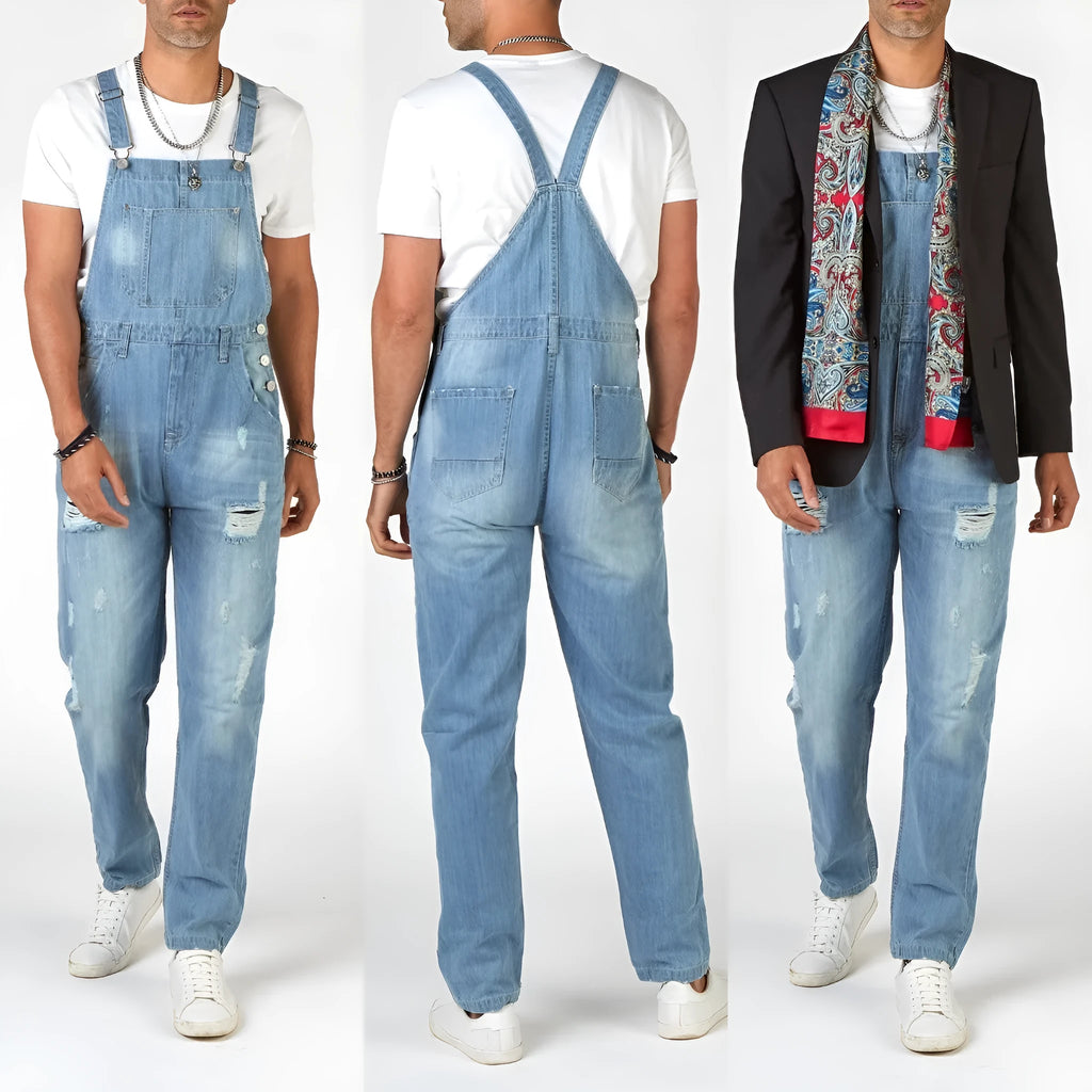 Light blue men's jeans with ripped detailing, suspender straps, and high-waist retro styling