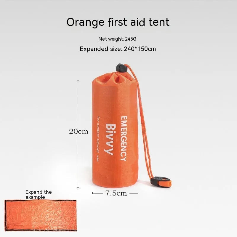 Portable emergency tent with sleeping bag and raincoat in orange or green colours