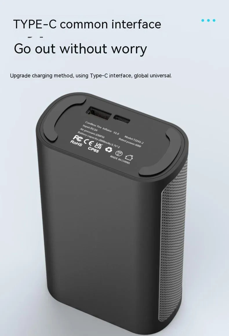 Wireless digital tyre inflator with LCD display showing pressure reading