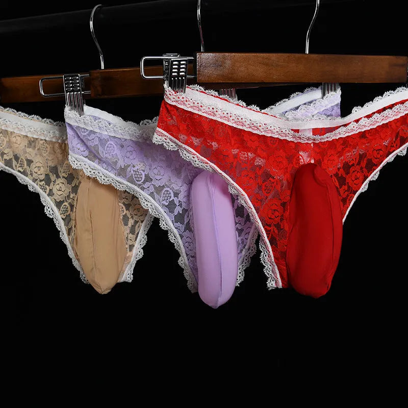 Men's lace underwear briefs with vertical bag egg design and penis cover in triangle cut