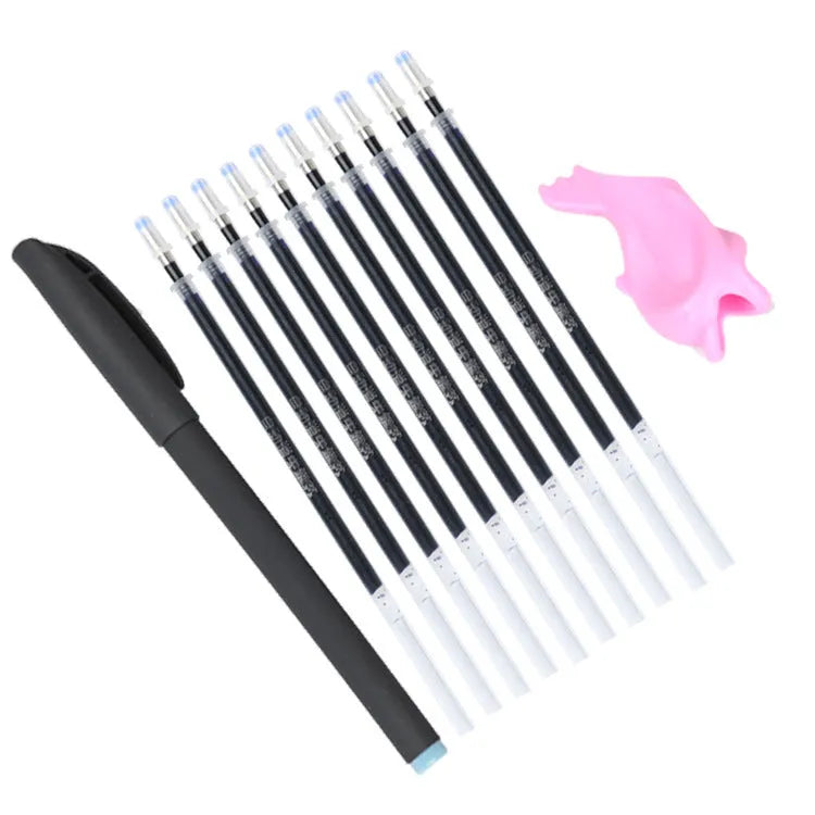 Portable fading ink pen set showing 0.5mm tip, blue refills, and plastic body measuring 130mm