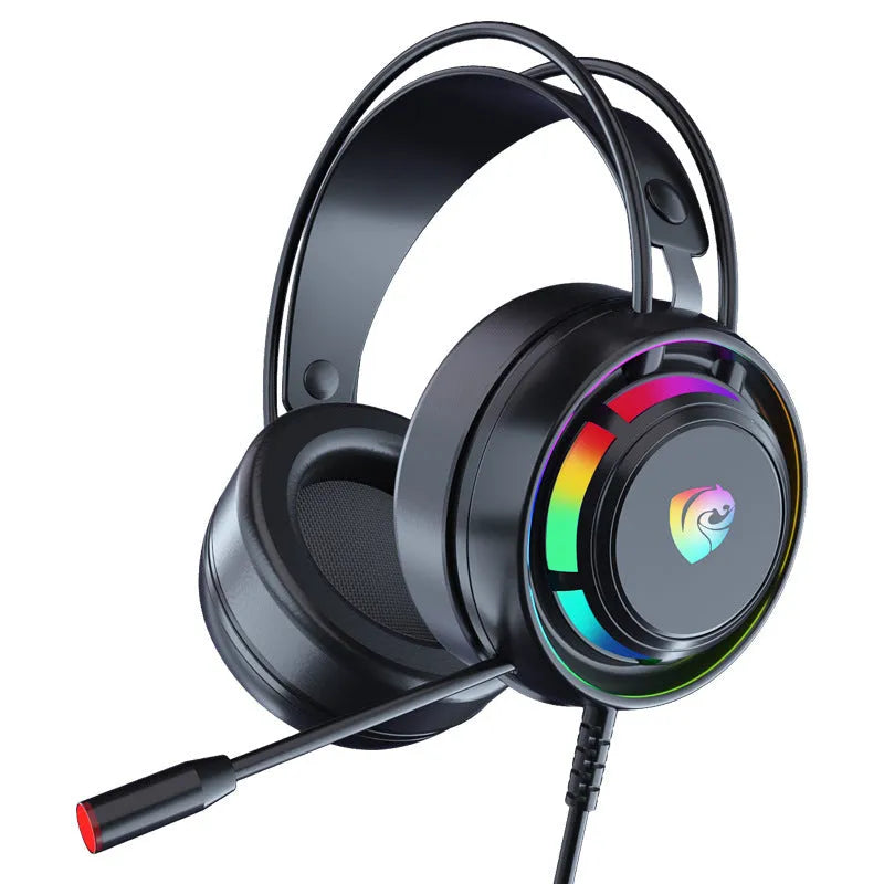 Black computer gaming headset with microphone, sponge ear cushions, and long cable showing 3.5mm and USB plug options