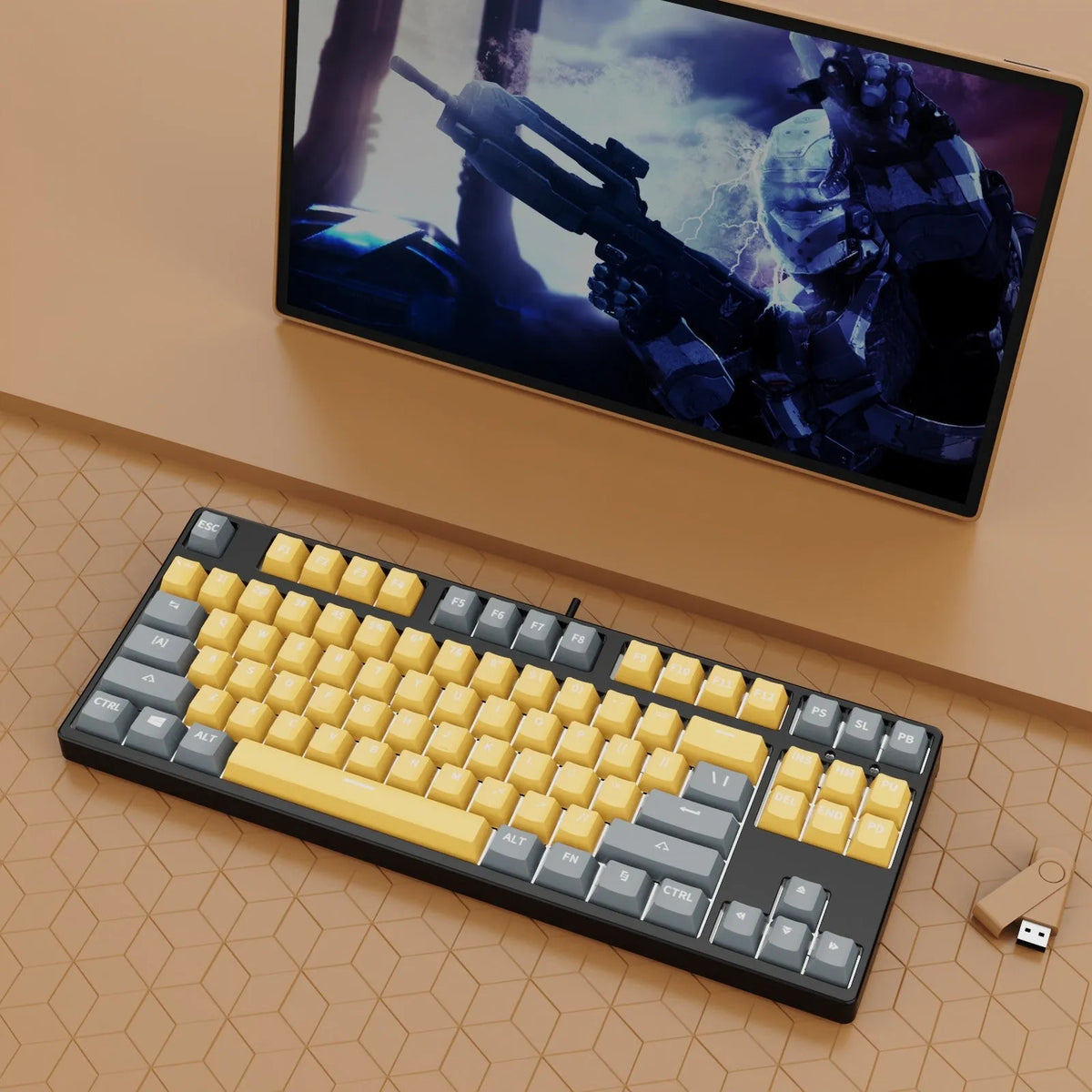87 key wired mechanical keyboard with hot-swappable switches showing dual-colour keycap theme on metal body