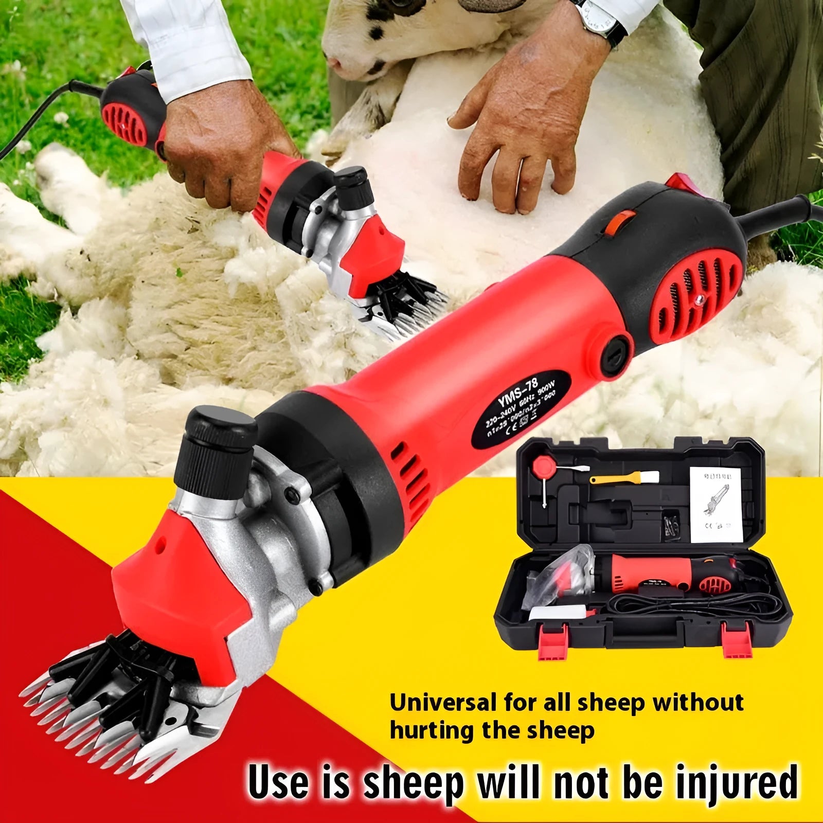 Yellow electric wool shears with 110V plug and multiple cutter heads for animal shearing