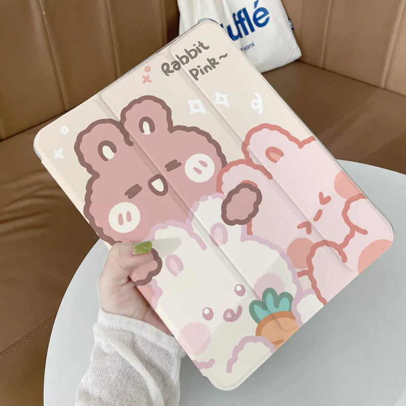 Silicone iPad case with cartoon rabbit pattern folded into viewing stand position